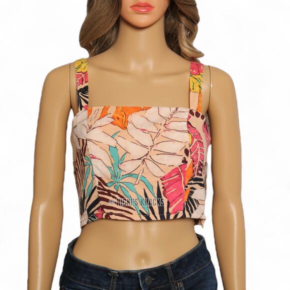 Forever 21 Tropical Print Square Neck Crop Top Smocked Back Festival Boho Size M - Picture 2 of 7